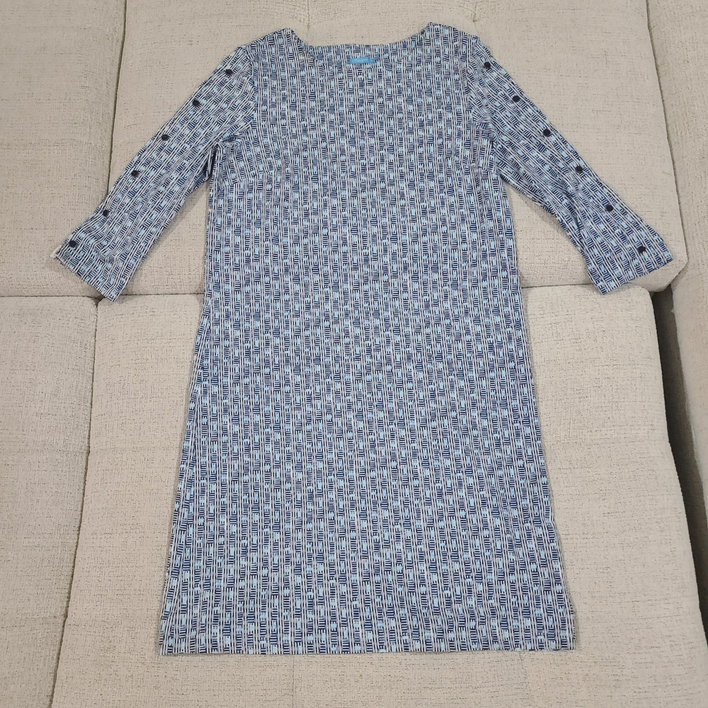 J. Mclaughlin Catalina Cloth Dress Button Sleeves 3/4 Blue White Medium Abstract